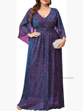 Plus Size Formal Maxi Dress Sparkly V Neck A-Line Long Sleeve Evening Gown